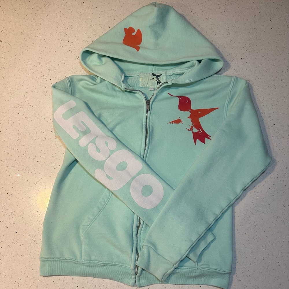 freecity Mint Green Zip Hoodie with Coral Bird Graphics